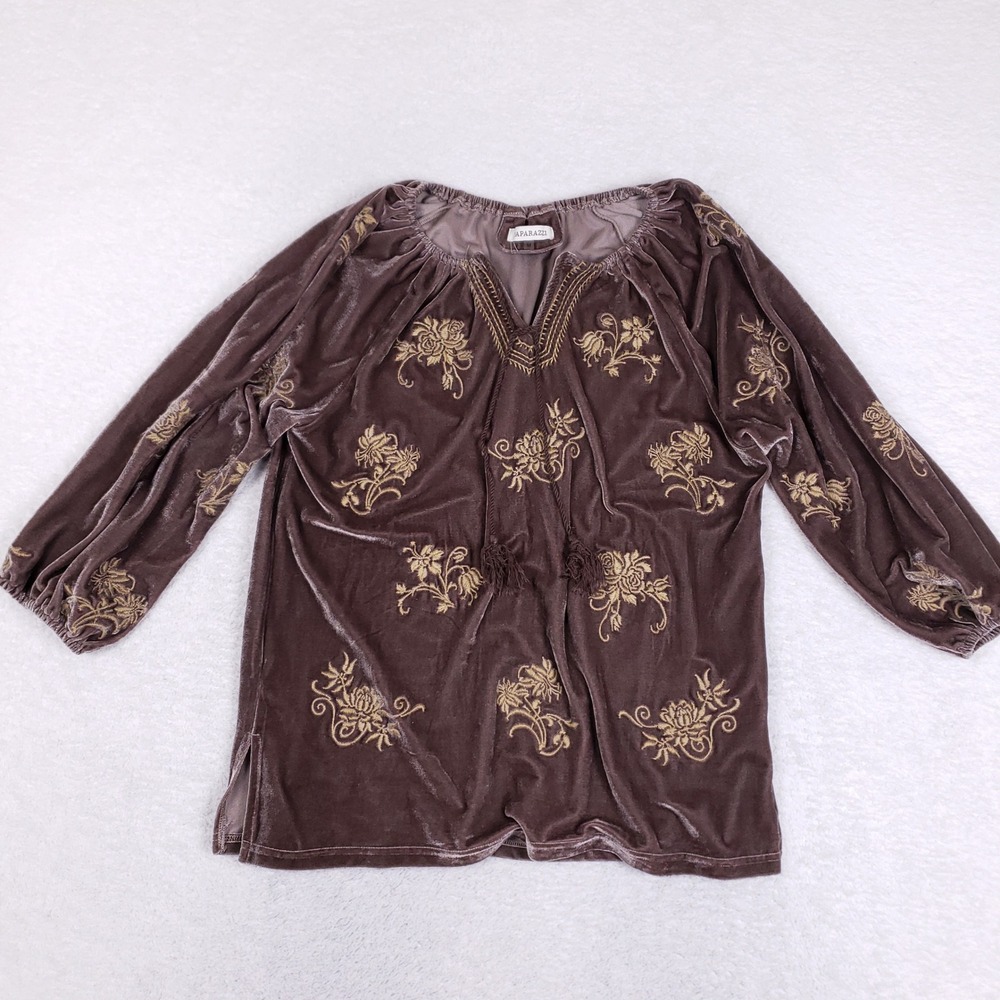 Paparazzi Brown Velvet Embroidered Peasant Blouse Tassel V-Neck Medium Boho